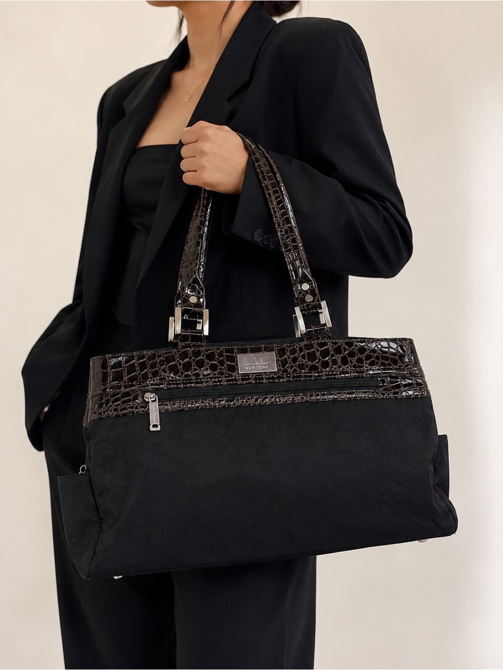 Nicole Miller Nee York Black Croc-Trim Tote Bag travel work bag large weekender